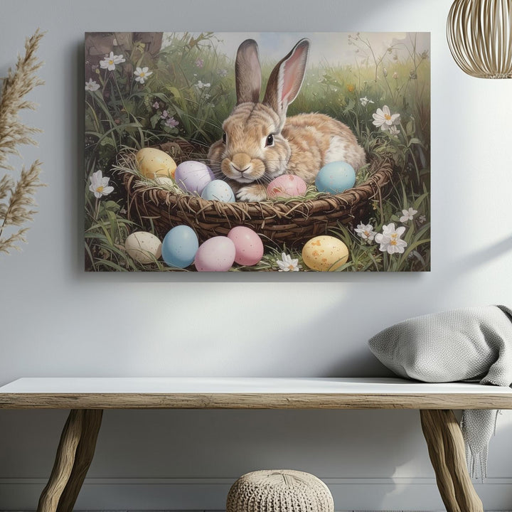 Easter Rabbit in Basket Canvas – Serene Spring Wall Art - Gifitto