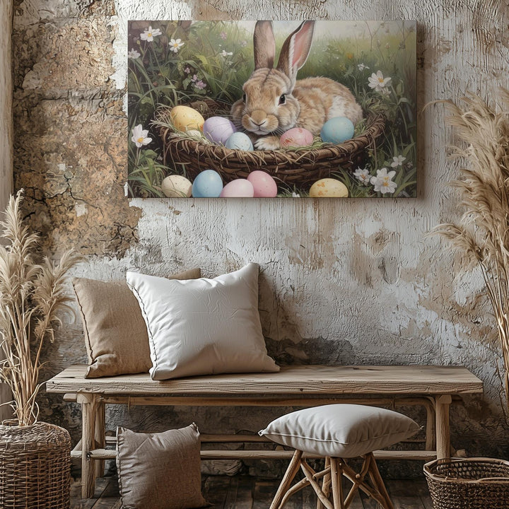 Easter Rabbit in Basket Canvas – Serene Spring Wall Art - Gifitto
