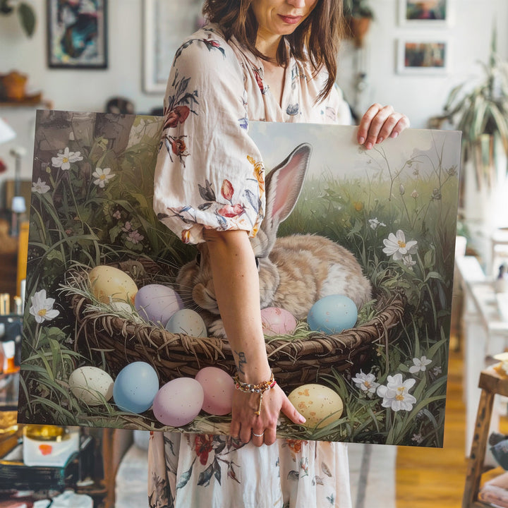 Easter Rabbit in Basket Canvas – Serene Spring Wall Art - Gifitto