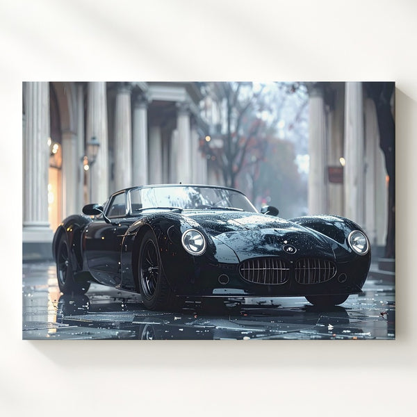 Rainy Night Elegance Canvas – Vintage Black Sports Car on Cobblestone Street - Gifitto