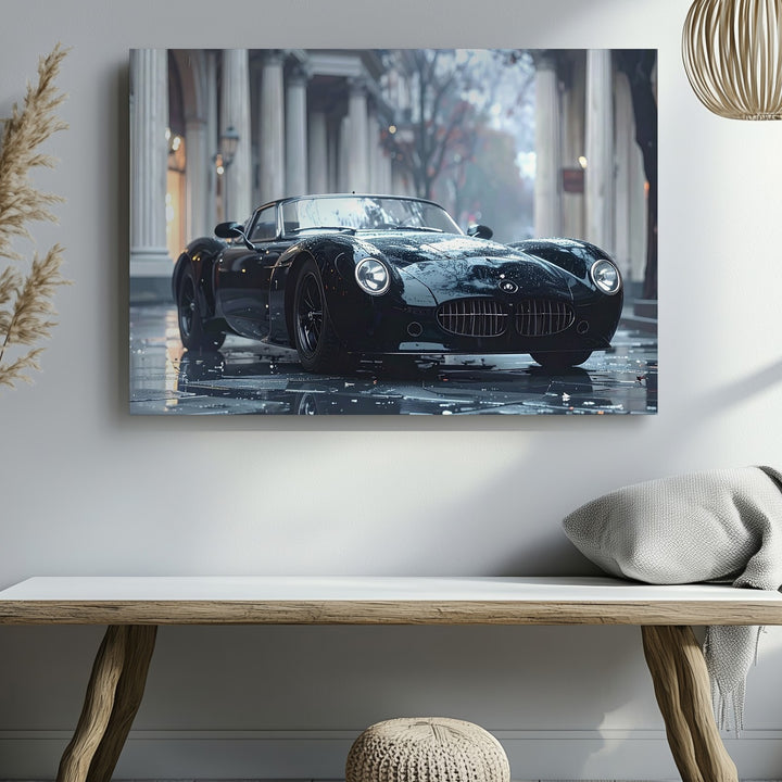 Rainy Night Elegance Canvas – Vintage Black Sports Car on Cobblestone Street - Gifitto