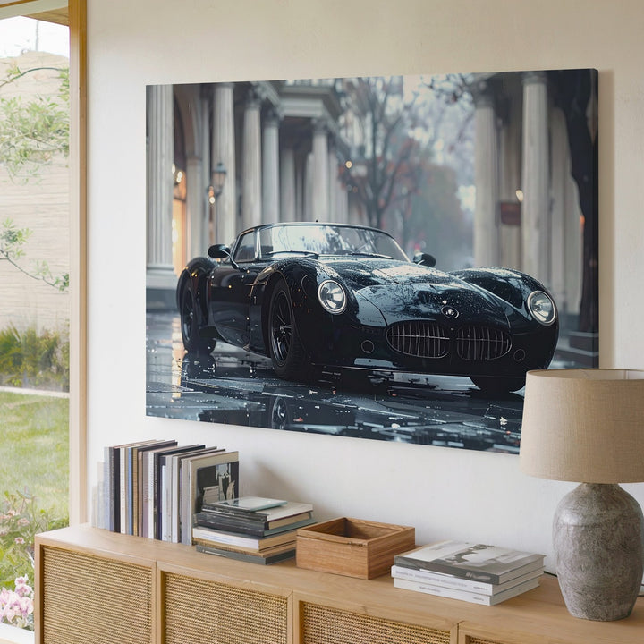 Rainy Night Elegance Canvas – Vintage Black Sports Car on Cobblestone Street - Gifitto