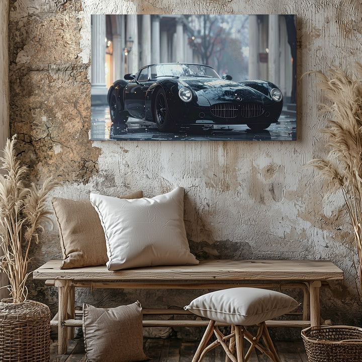 Rainy Night Elegance Canvas – Vintage Black Sports Car on Cobblestone Street - Gifitto