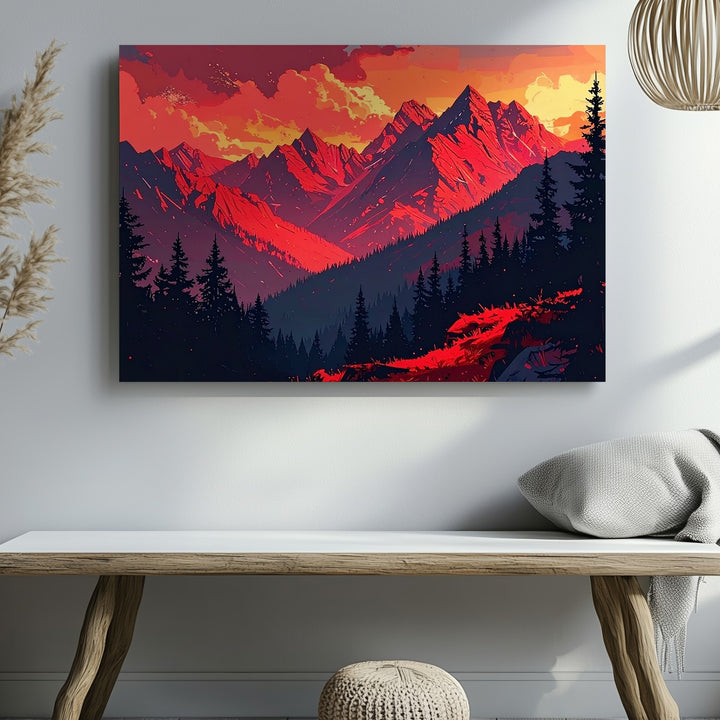 Crimson Dream Mountains Canvas – Surreal Sunset Fantasy Landscape Art - Gifitto