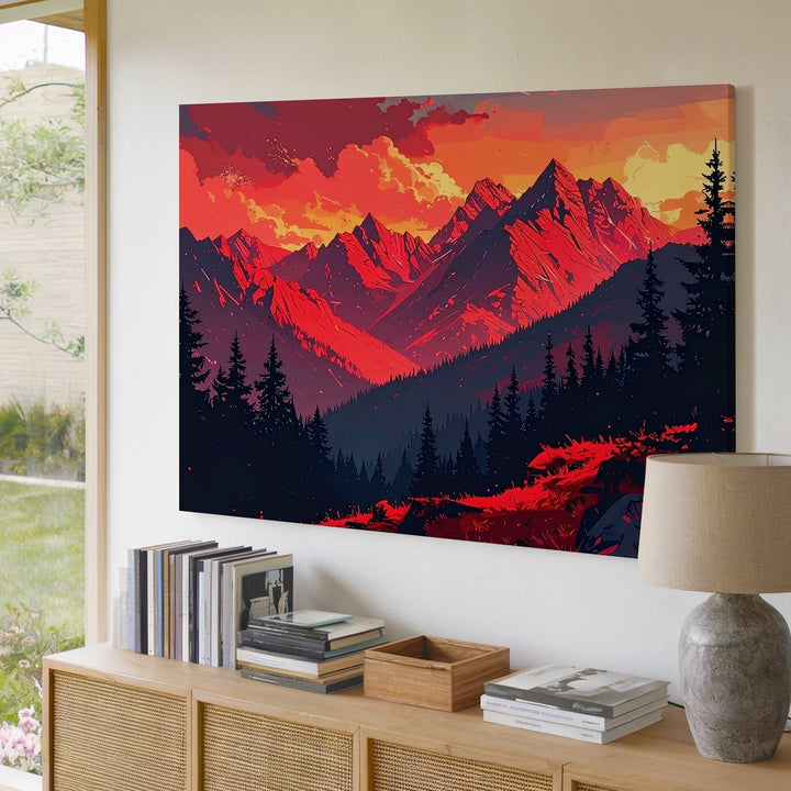 Crimson Dream Mountains Canvas – Surreal Sunset Fantasy Landscape Art - Gifitto