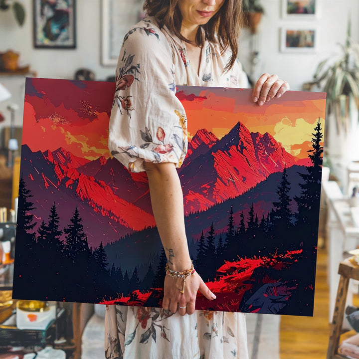Crimson Dream Mountains Canvas – Surreal Sunset Fantasy Landscape Art - Gifitto
