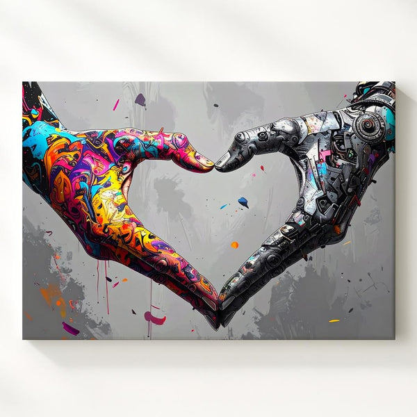 Contrasting Love Canvas – Abstract Hands Forming Heart with Graffiti and Mechanic Elements - Gifitto