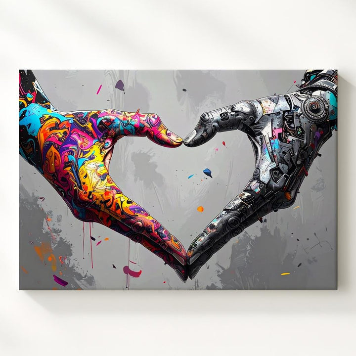 Contrasting Love Canvas – Abstract Hands Forming Heart with Graffiti and Mechanic Elements - Gifitto