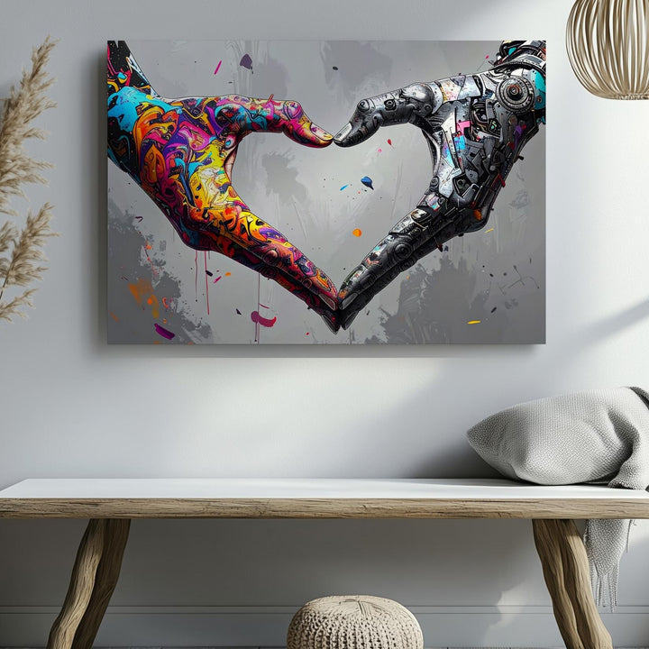 Contrasting Love Canvas – Abstract Hands Forming Heart with Graffiti and Mechanic Elements - Gifitto
