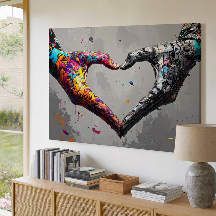 Contrasting Love Canvas – Abstract Hands Forming Heart with Graffiti and Mechanic Elements - Gifitto