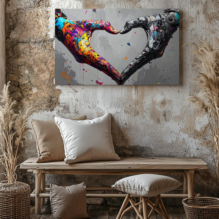 Contrasting Love Canvas – Abstract Hands Forming Heart with Graffiti and Mechanic Elements - Gifitto