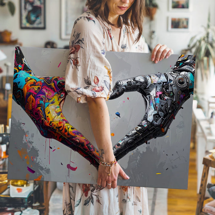 Contrasting Love Canvas – Abstract Hands Forming Heart with Graffiti and Mechanic Elements - Gifitto