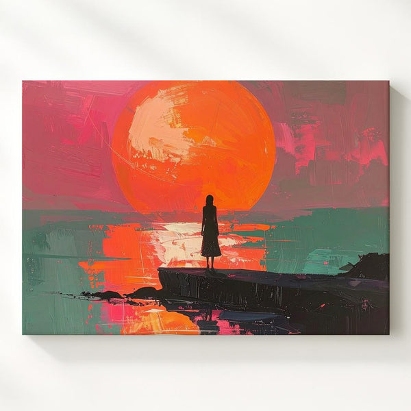 Fiery Sunset Reflection Canvas – Bold Impressionist Landscape with Silhouetted Figure - Gifitto