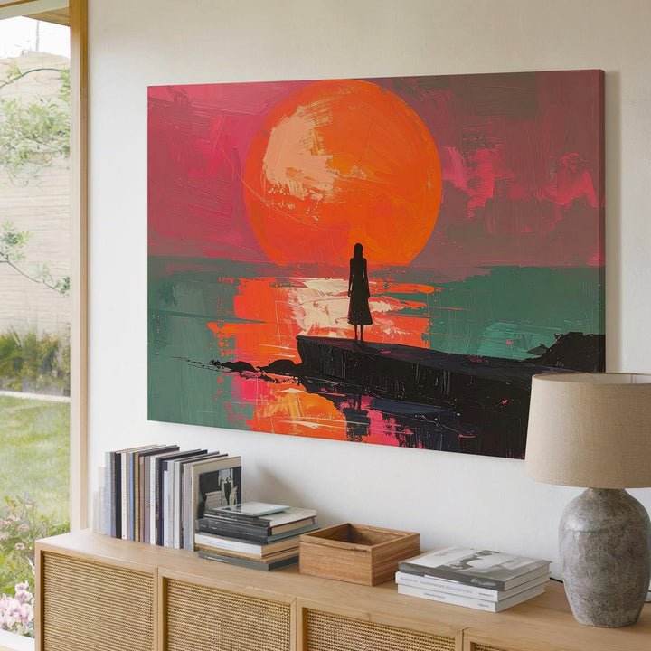 Fiery Sunset Reflection Canvas – Bold Impressionist Landscape with Silhouetted Figure - Gifitto