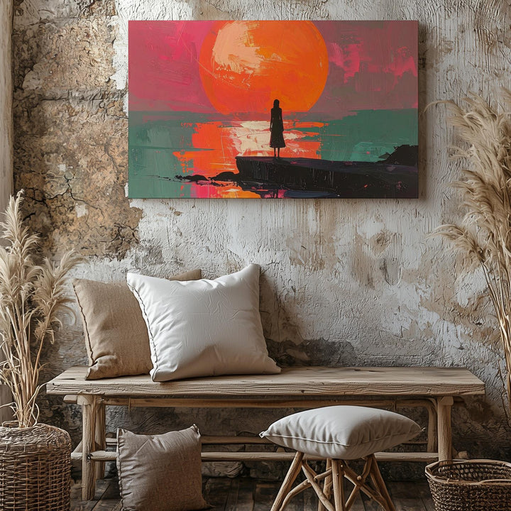 Fiery Sunset Reflection Canvas – Bold Impressionist Landscape with Silhouetted Figure - Gifitto