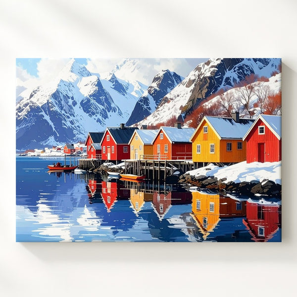 Colorful Winter Harbor Canvas – Snowy Waterfront Village Wall Art
