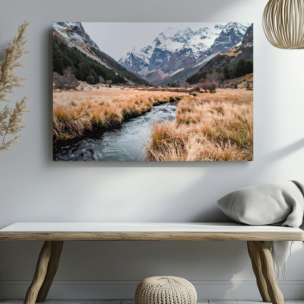 Creek Through Autumn Field Canvas – Tranquil Mountain Landscape of Seasonal Transition - Gifitto