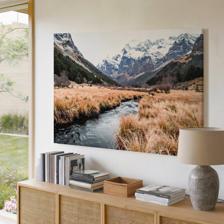 Creek Through Autumn Field Canvas – Tranquil Mountain Landscape of Seasonal Transition - Gifitto