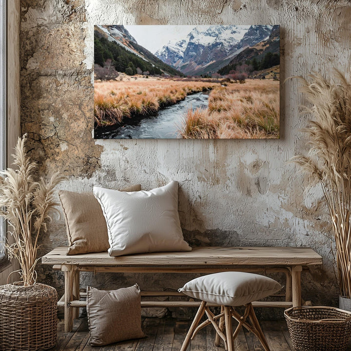 Creek Through Autumn Field Canvas – Tranquil Mountain Landscape of Seasonal Transition - Gifitto