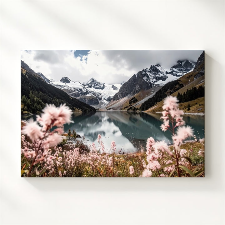 Alpine Lake & Wildflower Canvas – Moody Mountain Reflection with Soft Foreground Bloom - Gifitto