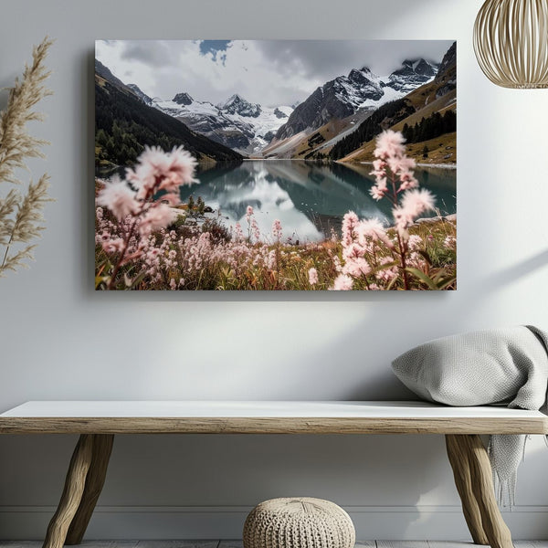 Alpine Lake & Wildflower Canvas – Moody Mountain Reflection with Soft Foreground Bloom - Gifitto