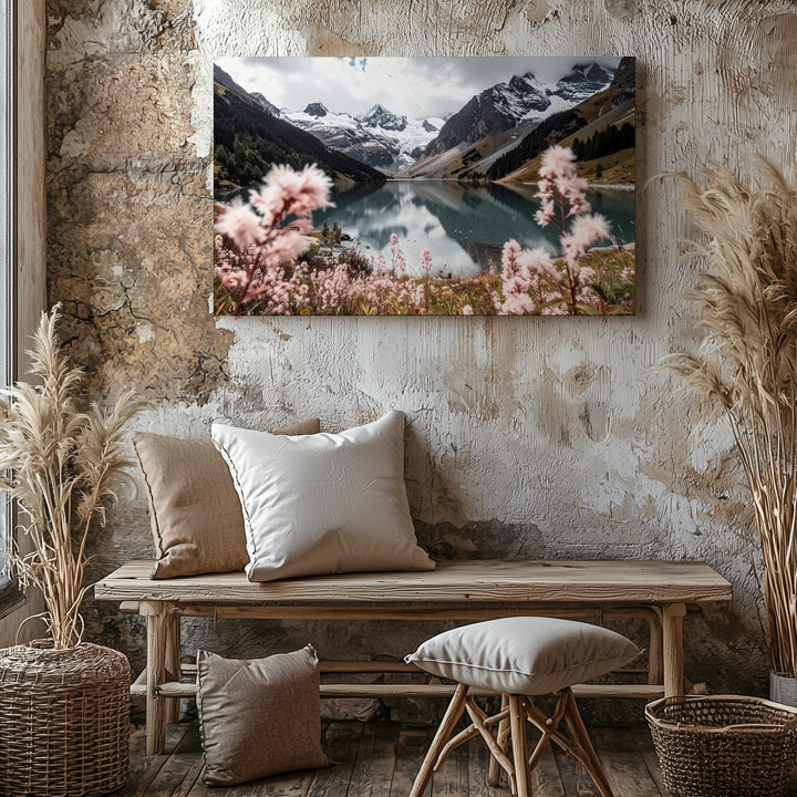 Alpine Lake & Wildflower Canvas – Moody Mountain Reflection with Soft Foreground Bloom - Gifitto