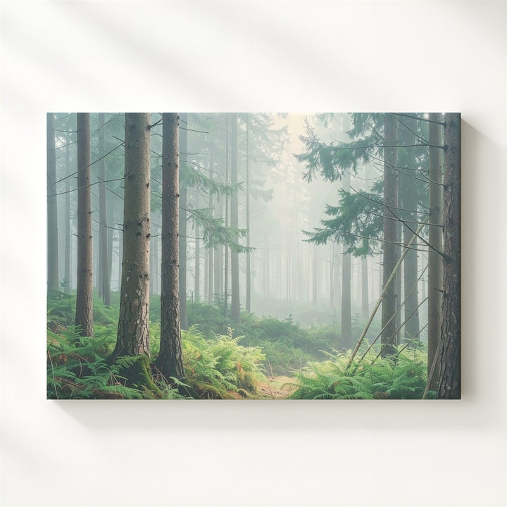 Misty Forest Morning Canvas – Serene Pine Woodland with Lush Undergrowth - Gifitto