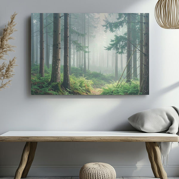 Misty Forest Morning Canvas – Serene Pine Woodland with Lush Undergrowth - Gifitto