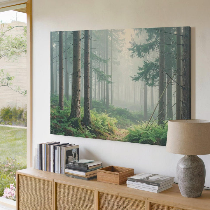 Misty Forest Morning Canvas – Serene Pine Woodland with Lush Undergrowth - Gifitto