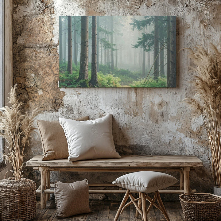 Misty Forest Morning Canvas – Serene Pine Woodland with Lush Undergrowth - Gifitto