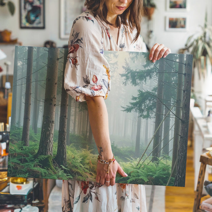 Misty Forest Morning Canvas – Serene Pine Woodland with Lush Undergrowth - Gifitto
