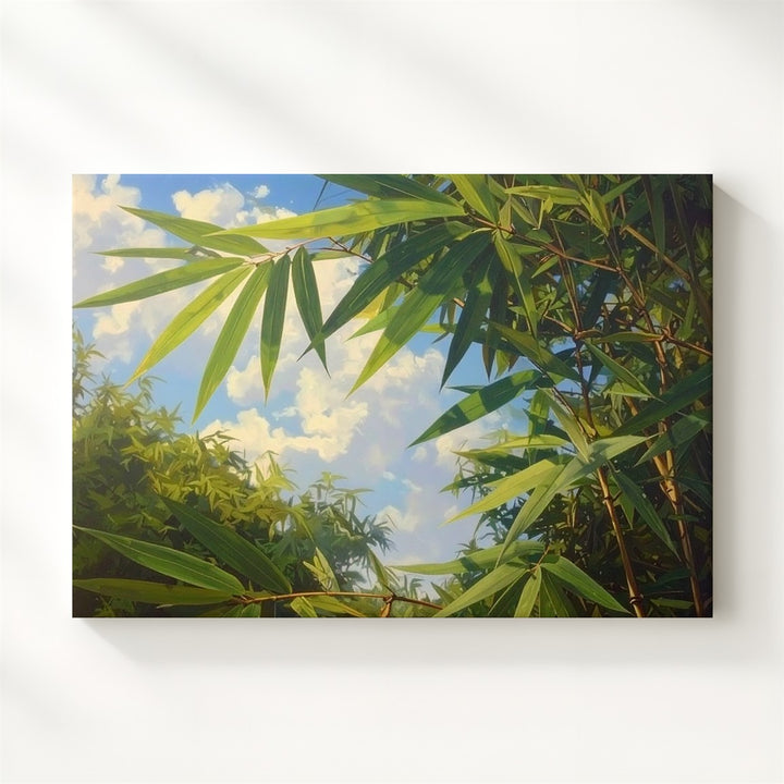 Bamboo Leaves & Sky Canvas – Serene Botanical Wall Art with Soft Blue Light - Gifitto