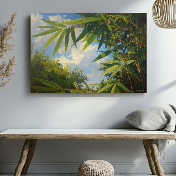 Bamboo Leaves & Sky Canvas – Serene Botanical Wall Art with Soft Blue Light - Gifitto