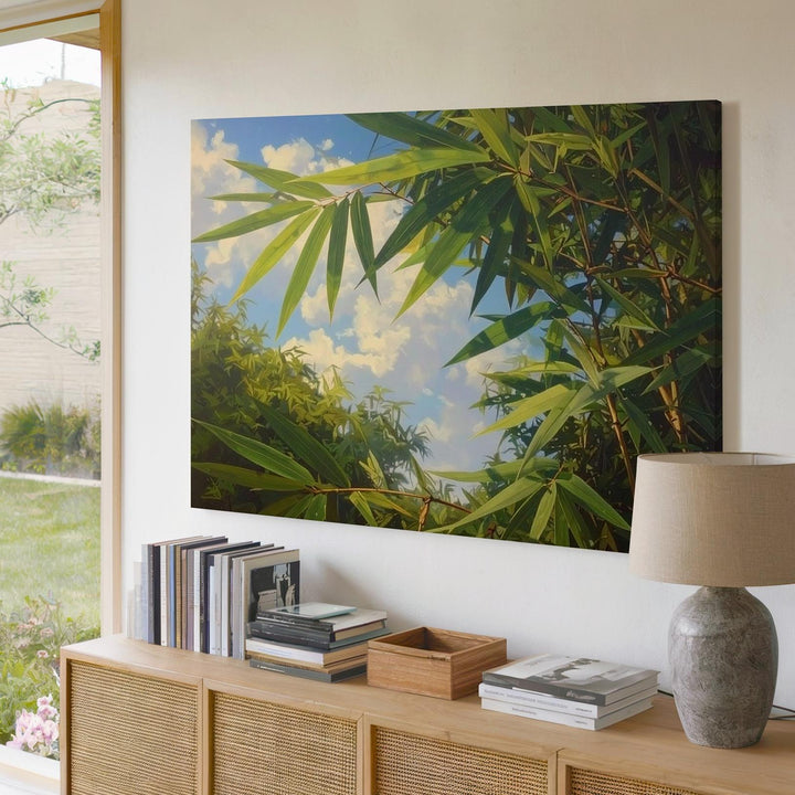 Bamboo Leaves & Sky Canvas – Serene Botanical Wall Art with Soft Blue Light - Gifitto