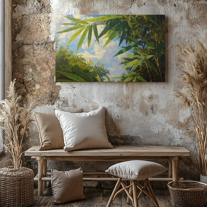 Bamboo Leaves & Sky Canvas – Serene Botanical Wall Art with Soft Blue Light - Gifitto