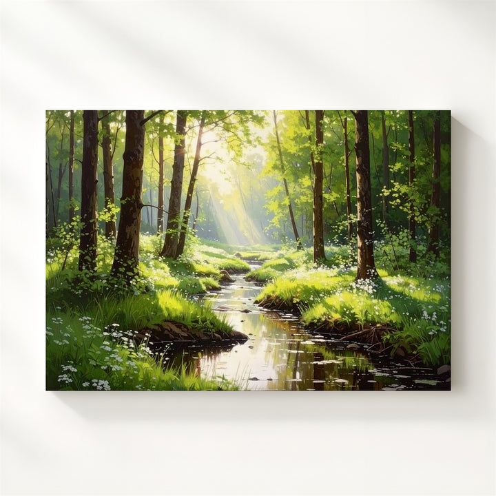 Morning Forest Stream Canvas – Serene Woodland Path with Sunlit Wildflowers - Gifitto