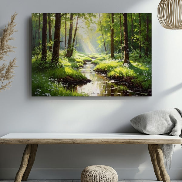 Morning Forest Stream Canvas – Serene Woodland Path with Sunlit Wildflowers - Gifitto