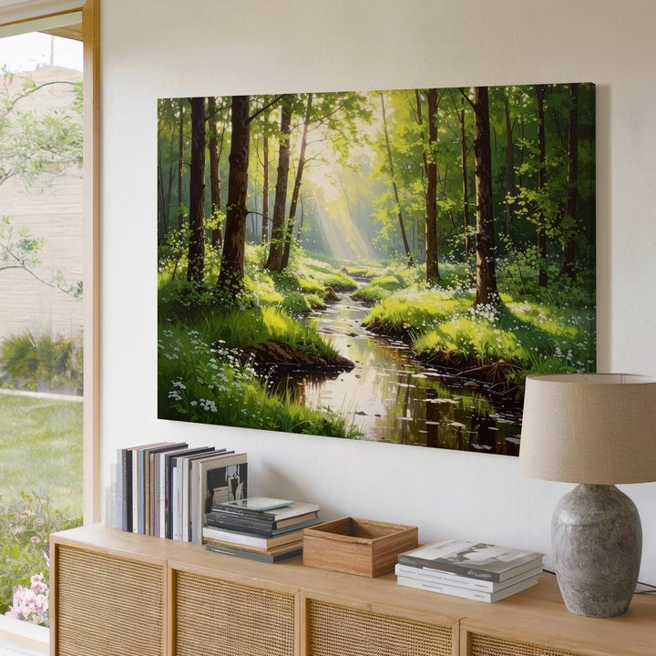 Morning Forest Stream Canvas – Serene Woodland Path with Sunlit Wildflowers - Gifitto