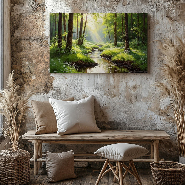 Morning Forest Stream Canvas – Serene Woodland Path with Sunlit Wildflowers - Gifitto