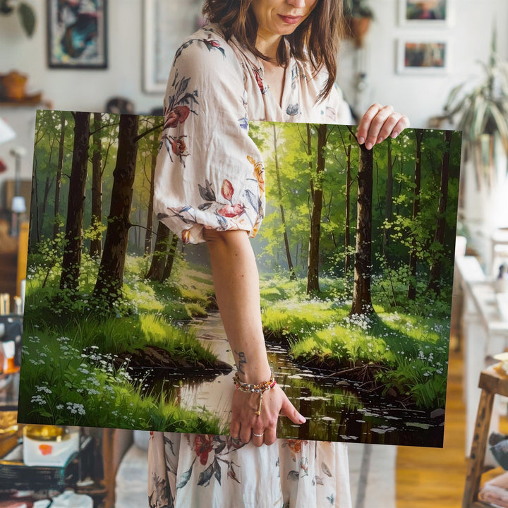 Morning Forest Stream Canvas – Serene Woodland Path with Sunlit Wildflowers - Gifitto