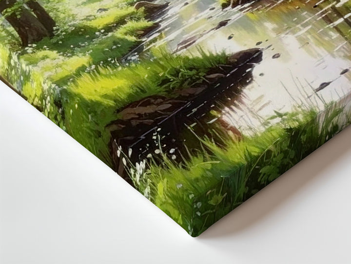 Morning Forest Stream Canvas – Serene Woodland Path with Sunlit Wildflowers - Gifitto