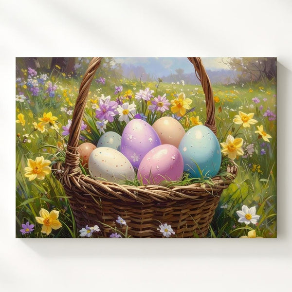 Easter Basket with Colorful Eggs Canvas – Festive Spring Wall Art - Gifitto