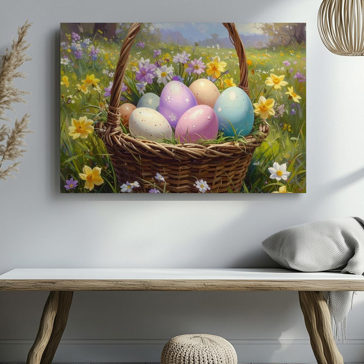 Easter Basket with Colorful Eggs Canvas – Festive Spring Wall Art - Gifitto