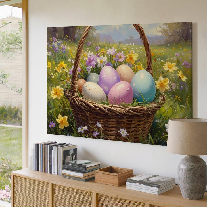 Easter Basket with Colorful Eggs Canvas – Festive Spring Wall Art - Gifitto