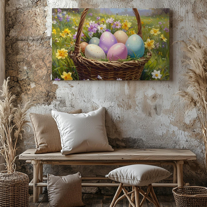 Easter Basket with Colorful Eggs Canvas – Festive Spring Wall Art - Gifitto