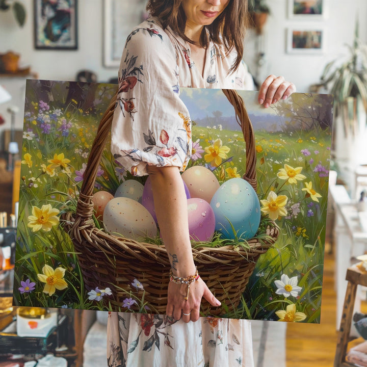 Easter Basket with Colorful Eggs Canvas – Festive Spring Wall Art - Gifitto