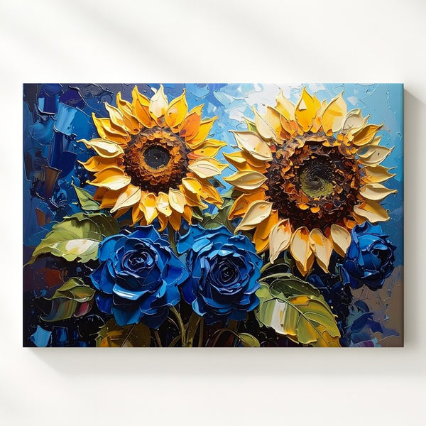 Sunflowers & Blue Roses Canvas – Bold Impasto Floral Wall Art - Gifitto