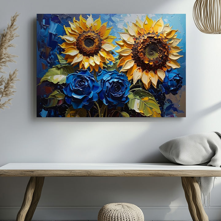 Sunflowers & Blue Roses Canvas – Bold Impasto Floral Wall Art - Gifitto