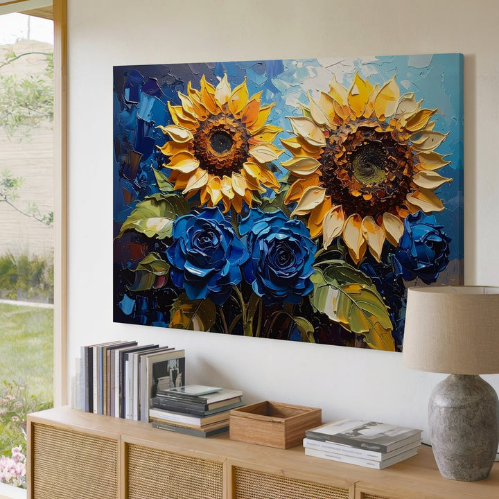 Sunflowers & Blue Roses Canvas – Bold Impasto Floral Wall Art - Gifitto