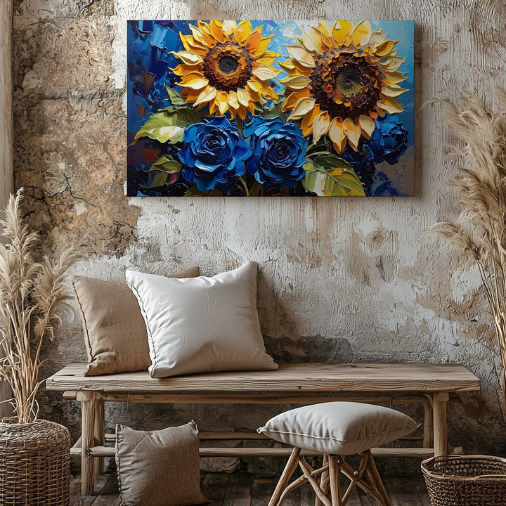 Sunflowers & Blue Roses Canvas – Bold Impasto Floral Wall Art - Gifitto
